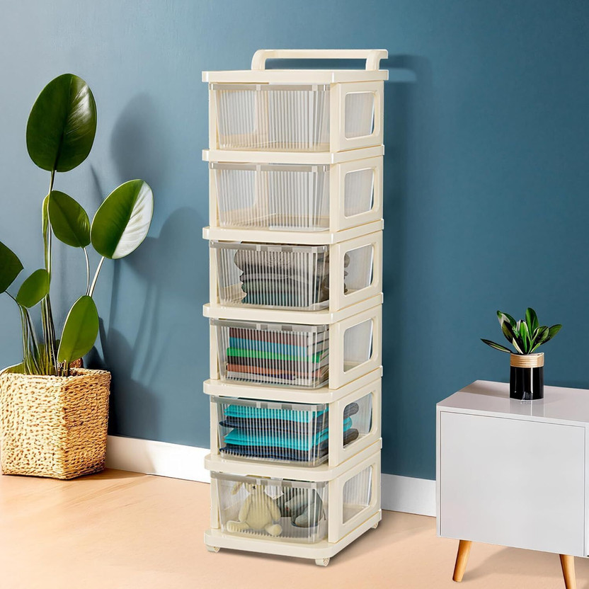 UKRAINEZ 6 Compartments Plastic 6 Layer Plastic Modular Storage Drawer Organizer with Wheelsount(White)