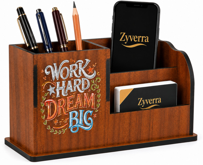 Zyverra Zyverra 3 Compartments Premium MDF Desk Storage Organizer with Phone Stand, Pen Holder & Card Pocket for Office, Home and Study Table, Work Hard Dream Big Design(Brown) - Flipkart Deal