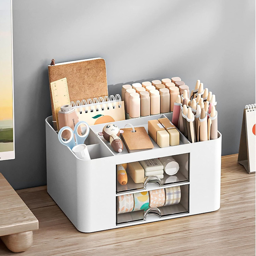 SCONERY 7 Compartments Plastic Countertop Storage for Dressing Table & Stationery items(White)