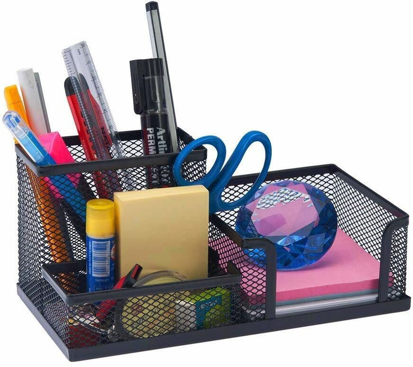 OnisHomes 3 Compartments Mesh metal Pen Pencil Holder(Black)