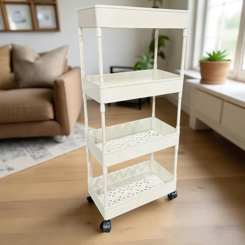 MGKENTERPRISE 4 Compartments plastic 4-tier Storage Rack with Wheels Convenient Movable Floor(White)