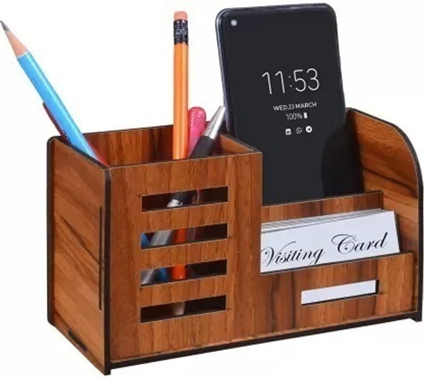SAMWAX 3 Compartments Wooden Pen Stand With Visiting Card & Mobile Holder For Office Table Organizer Wooden Pen / Pencil Stand With Visiting Card & Mobile Holder For Desk Organizers(Broun)