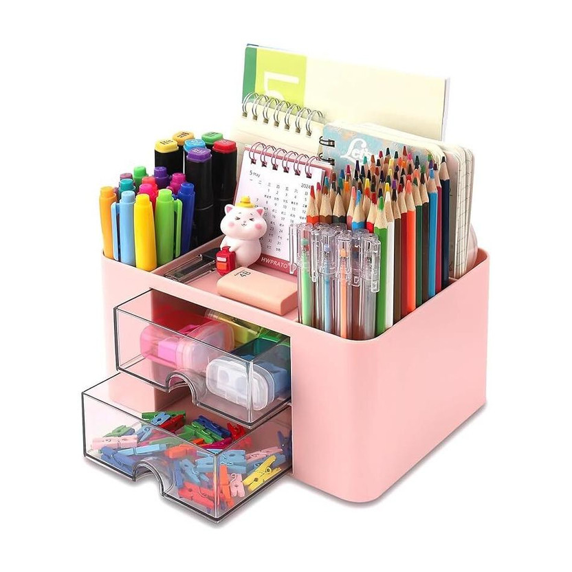 Natureity 8 Compartments Plastic Desk Organizer for Study Table & Office Use 2 Drawer Storage Box(Pink)