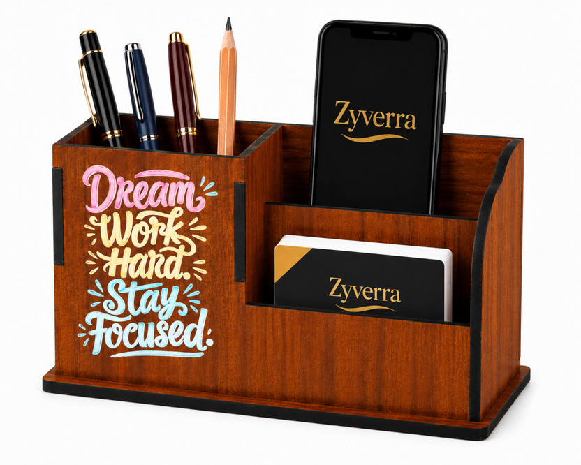 Zyverra 3 Compartments Premium Wooden Desk Organizer with Mobile Stand, Pen Holder & Stationery Storage for Office, Study Table & Home, Motivational Design(Brown)