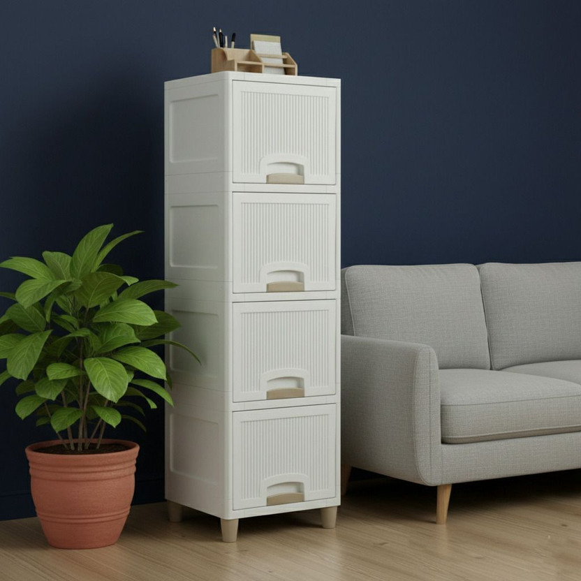 Suptikes 4 Compartments Plastic 4 tier white shelving unit(White)