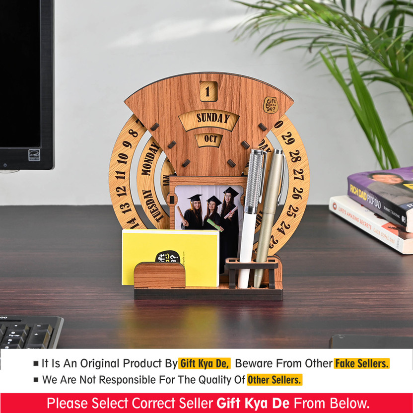 GIFT KYA DE 2 Compartments Wooden Desk Calendar Table Calendar to Lifetime Infinite Calendar 2025 Desk Organizer & Photo Frame for Office, Home, Corporate Gifts(Dark Wood)