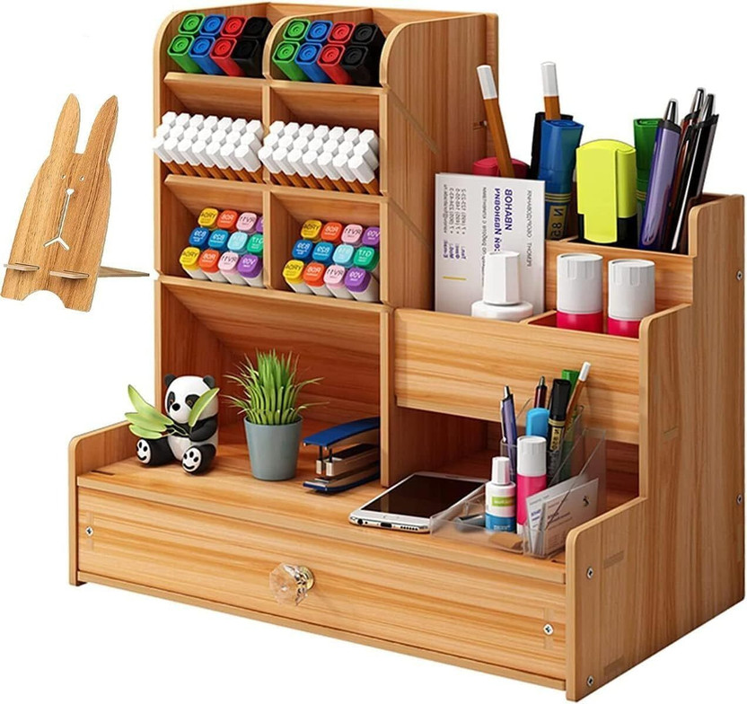 MOOKA 12 Compartments WOODEN Multipurpose Wooden Desk Organizer with Drawer(Brown)