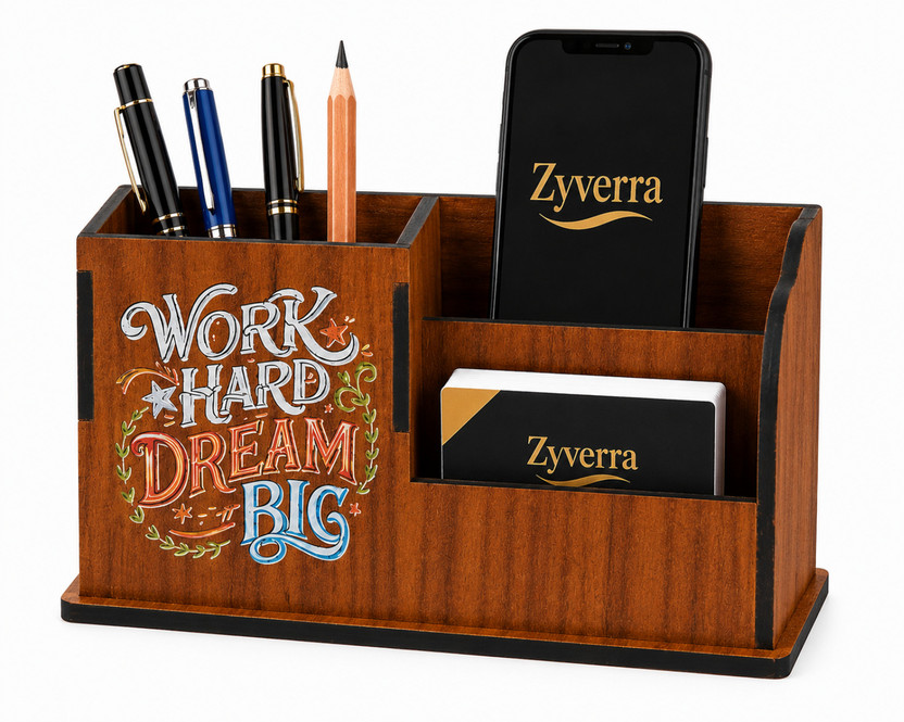 Zyverra Zyverra 3 Compartments Premium Wooden Desk Organizer with Mobile Stand, Pen Holder & Stationery Storage for Office, Study Table & Home, Work Hard Dream Big Design(Brown) - Flipkart Deal