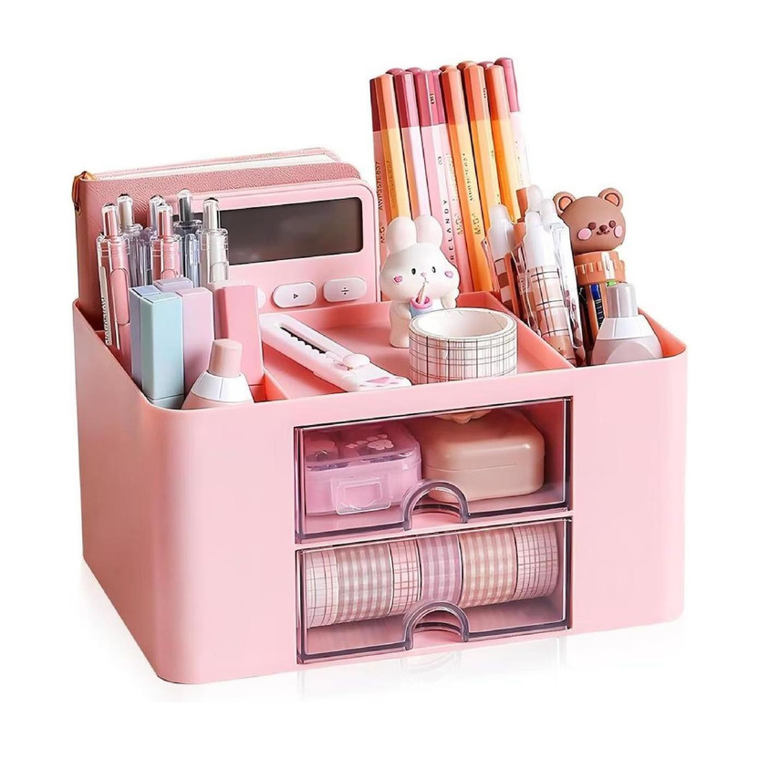 Envroeity 6 Compartments Plastic Desk Organizer with 2 Drawers for Stationery, Makeup & Office Use(Pink)