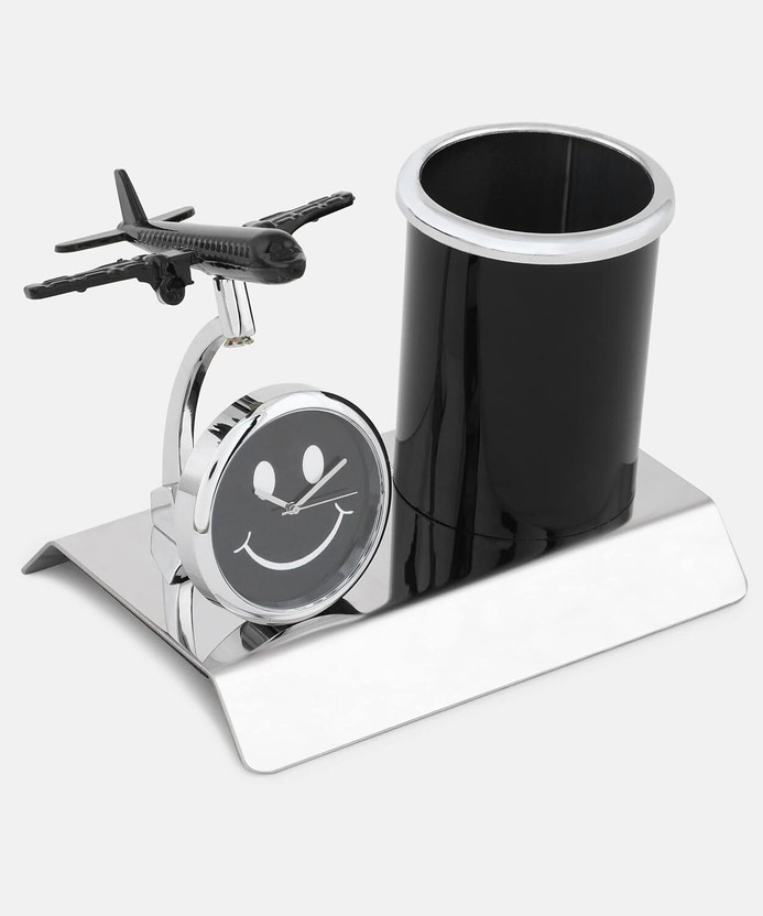 BOSOBO 1 Compartments Metal Pen Stand with Airplane Miniature, Clock & Pencil Holder - Stylish Office Desk Organizer | Corporate Gift Set | For Doctors, Lawyers and Students(Black)