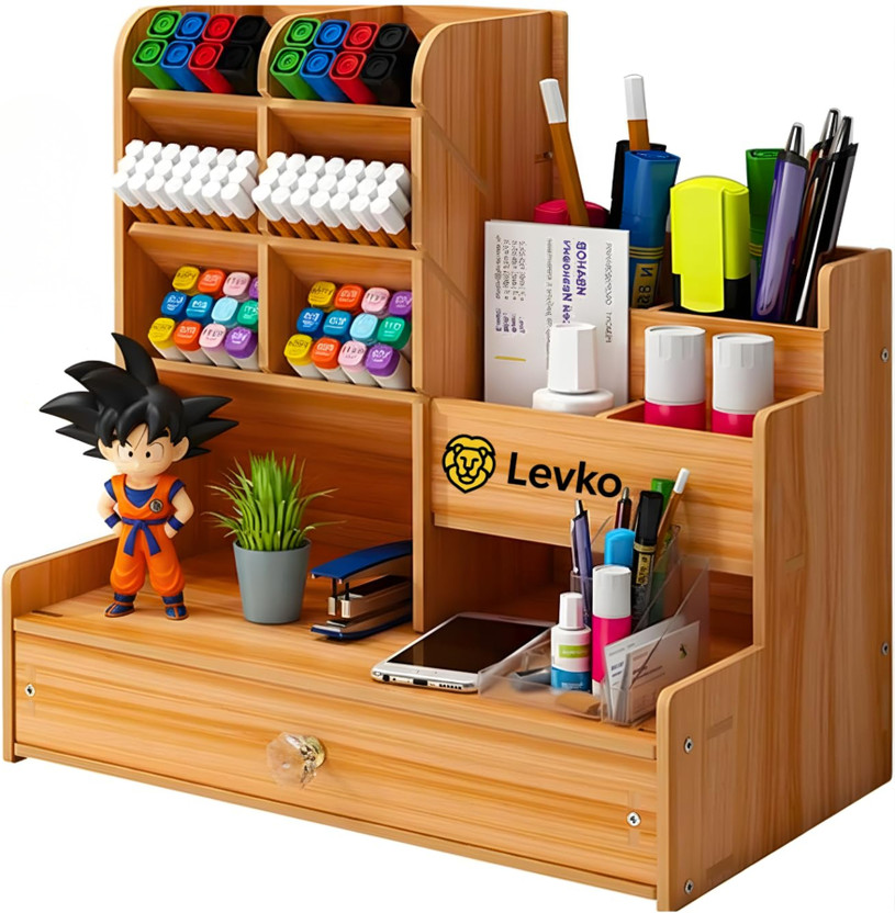 LEVKO 13 Compartments MDF Board Pen Stand,Phone Stand, Multipurpose Office Desk Organiser pencil holder(DIY)(Brown)