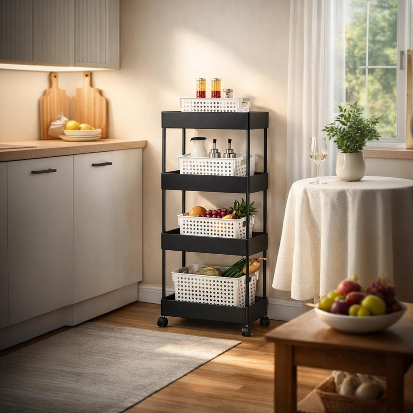 Cantus 4 Compartments High Quality Plastic Portable Storage Trolly(Black)