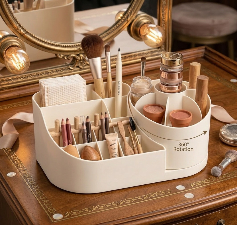 Mungat 12 Compartments Plastic Countertop Storage for Dressing Table & Stationery items(off white)