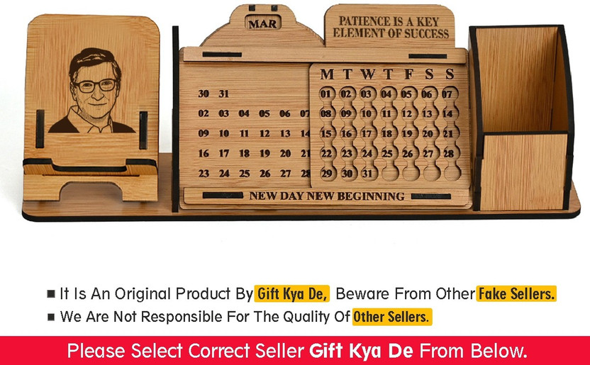 GIFT KYA DE 1 Compartments Wooden Desk Calender to Lifetime Infinite Perpetual Calendar 2023 / Mini Slide with Mobile Stand / Pen Holder (Bill Gates)(Brown)