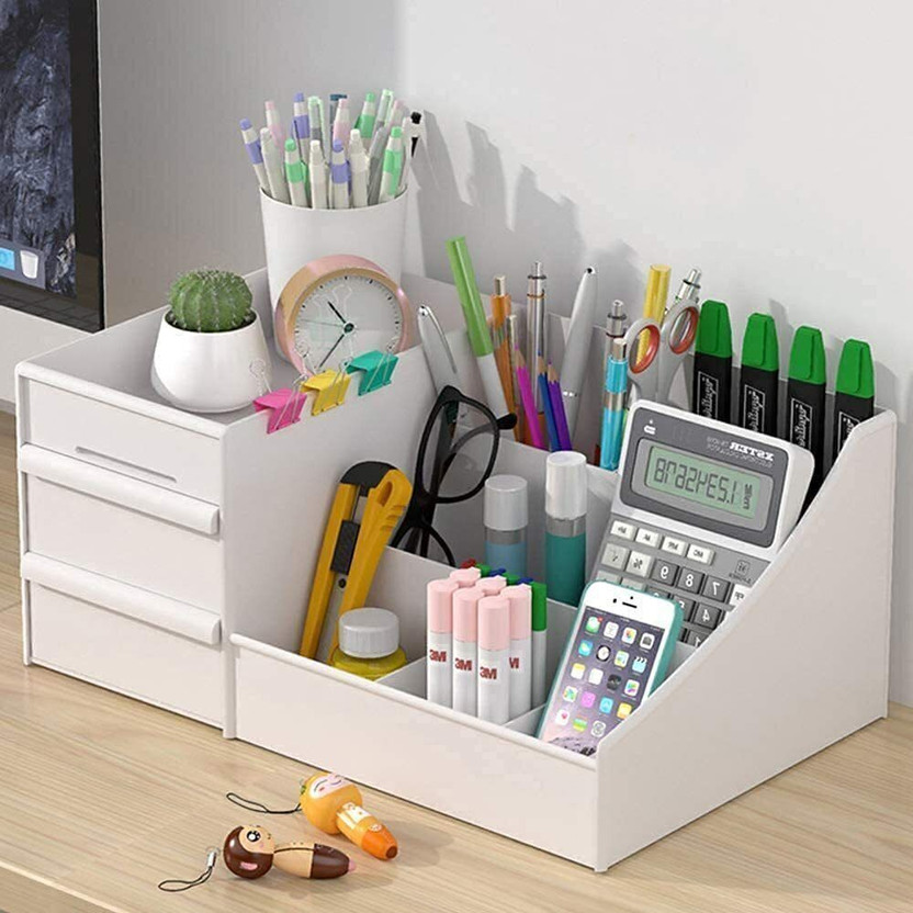 Mungat 7 Compartments Plastic Countertop Storage for Dressing Table & Stationery items(White)