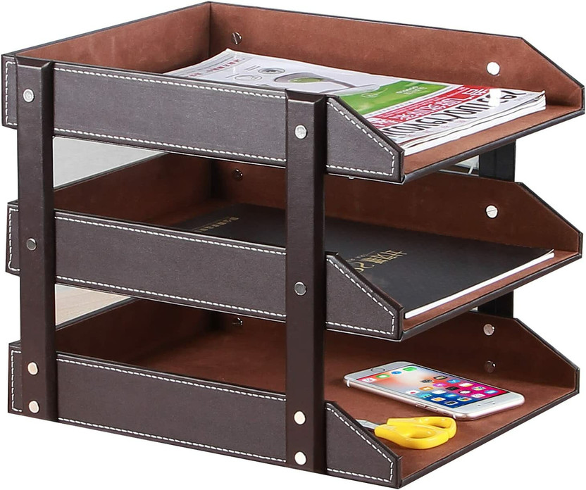 Vanquish 3 Compartments Wooden Stackable File Tray Documents Magazine Letters and Other Office Organizer Holder(Brown)