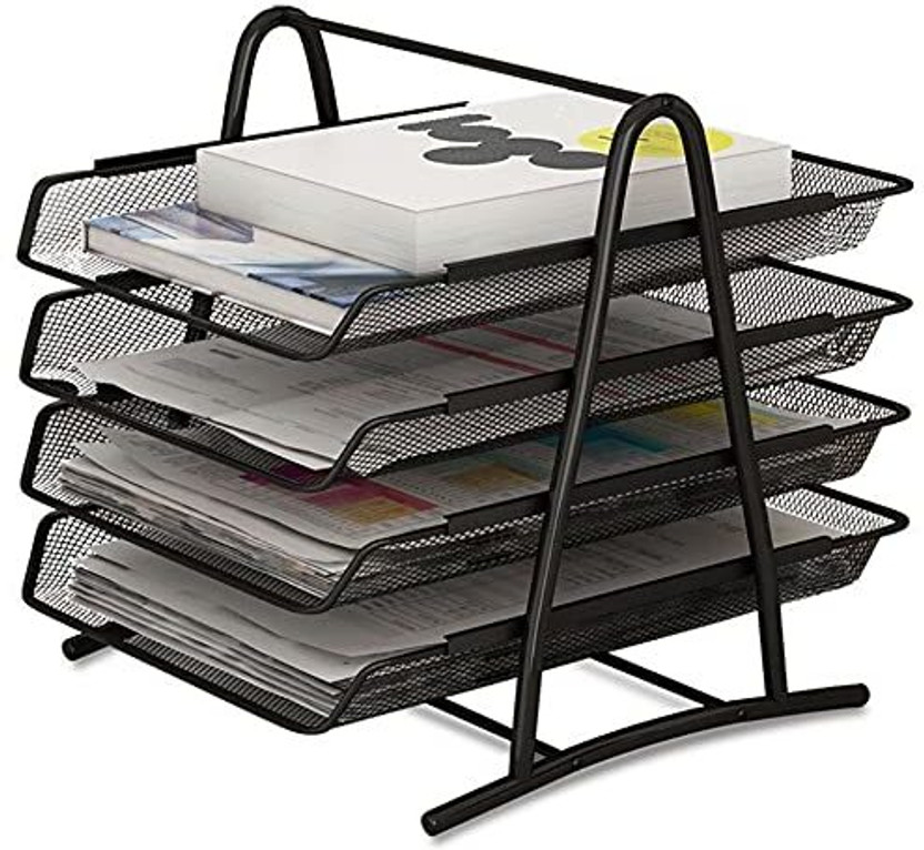 SkyFurnish Metal Mesh (Powder-Coated Steel) 4 Tier Durable Metal Mesh File Organizer | Professional Multi-Layer Document Tray for Office, School & Home(Set Of 1, Black)