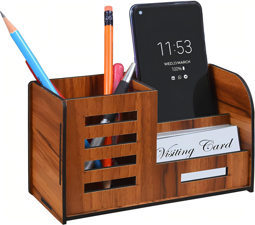 Amaancraft 3 Compartments Wooden Pen card mobile holder(Brown)