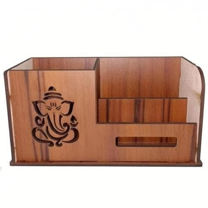 SAMWAX 3 Compartments Wooden Pen Stand With Visiting Card & Mobile Holder(Broun)