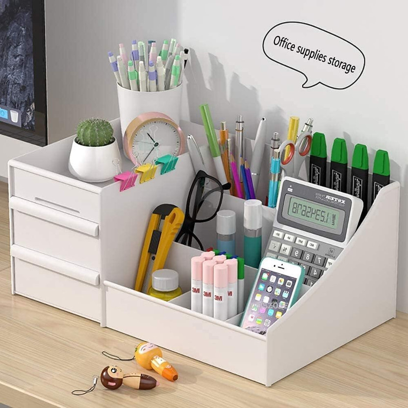 J K INTERNATIONAL 7 Compartments Plastic Countertop Storage for Dressing Table & Stationery items(White)