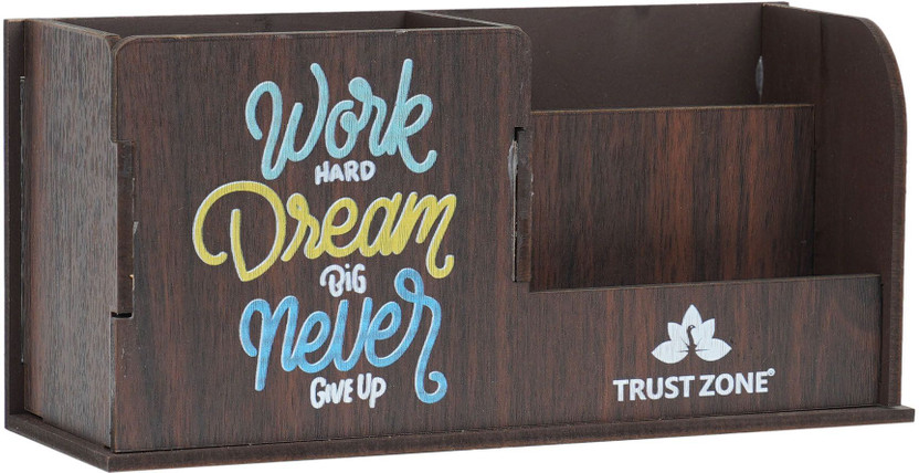 Trust Zone 3 Compartments Wooden With Motivational Quotes Pen Holder / Desk organiser / Visiting Card Holder(Dark Brown)