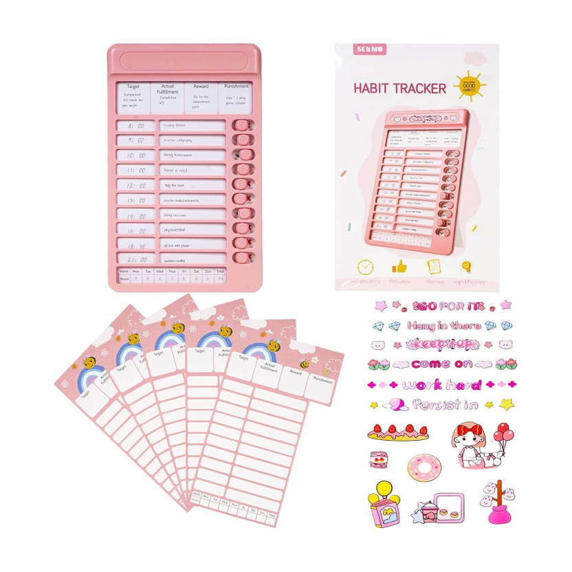 Magnemite Habit Tracker Kids Chore Chart, Plastic Checklist Board with 15 Detachable Sheet Regular Planner/Organizer Ruled 15 Pages(Pink)