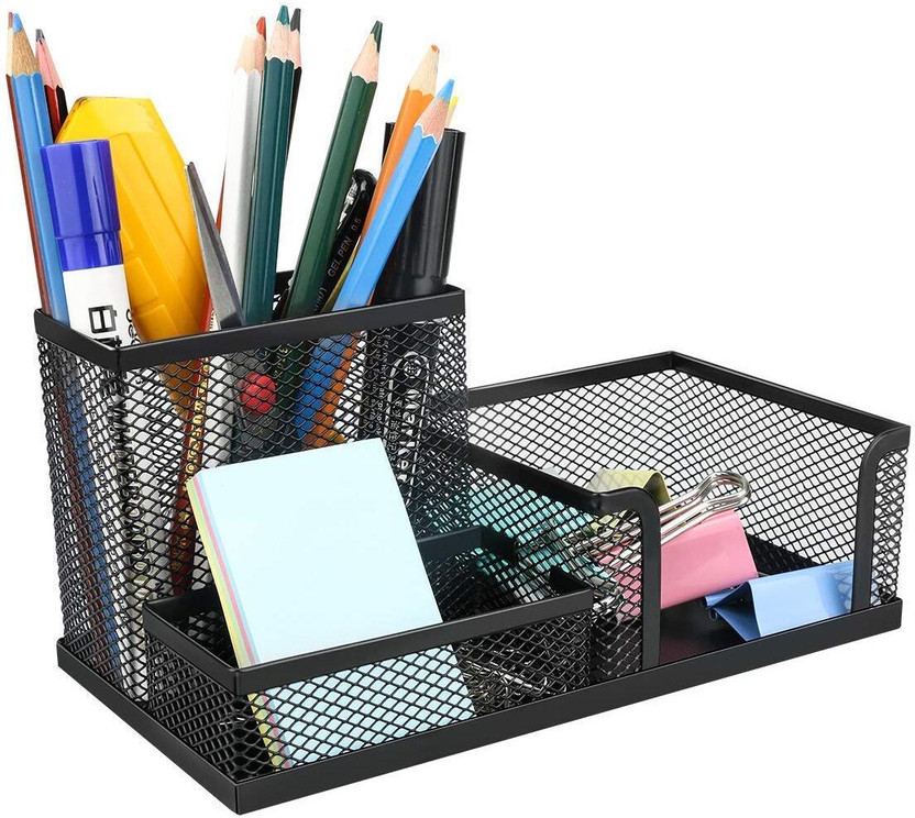 crownsmill 3 Compartments metal pen stand(Black)