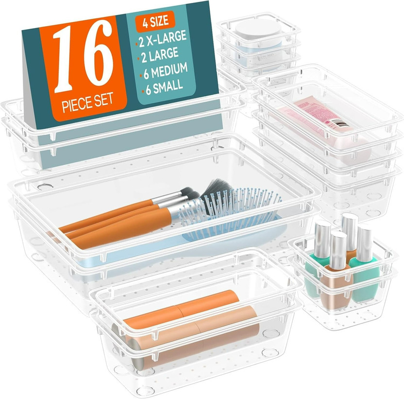 NIEBLA 16 Compartments Plastic Drawer organizers/ Dressing Table Organizer & Make up Organizers(Transparent)