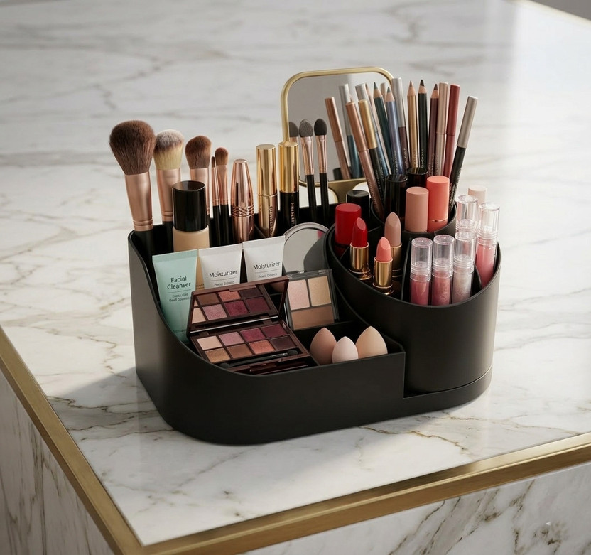 Mungat 4 Compartments Plastic Countertop Storage for Dressing Table & Stationery items(Black)