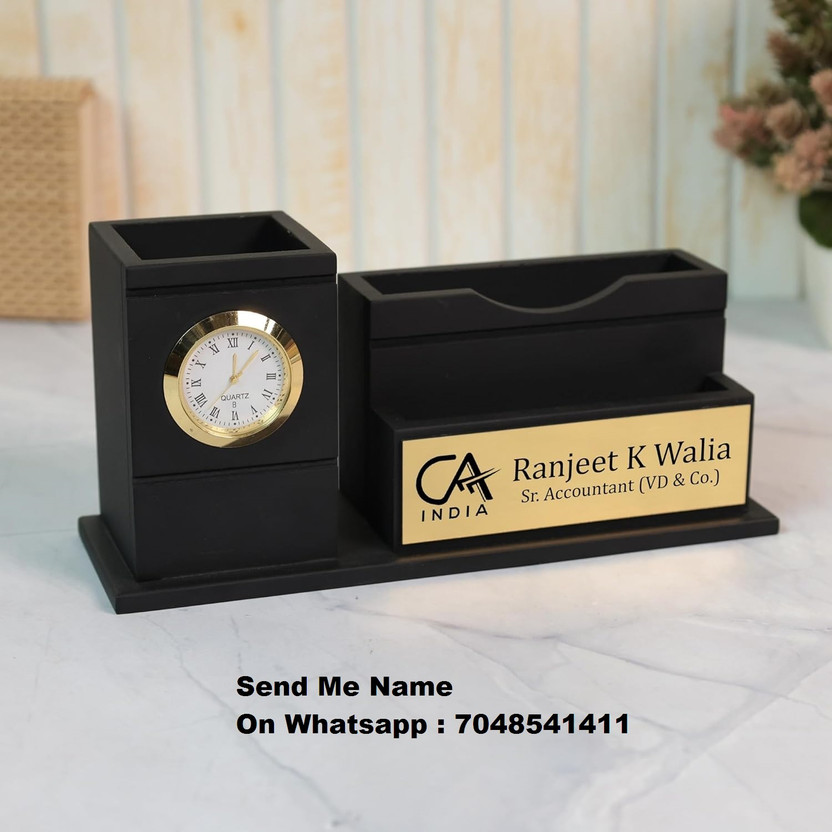 OCHHAV 3 Compartments Personalized Wooden Desk Organizer for Chartered Accountants with Pen Stand, Classic Clock, and Custom Nameplate – Ideal Corporate Gift for CA Professionals(Black)