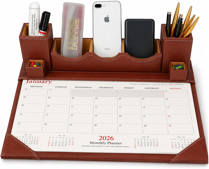 PANKU 7 Compartments Faux Leather Desk organiser(Brown, Tan)