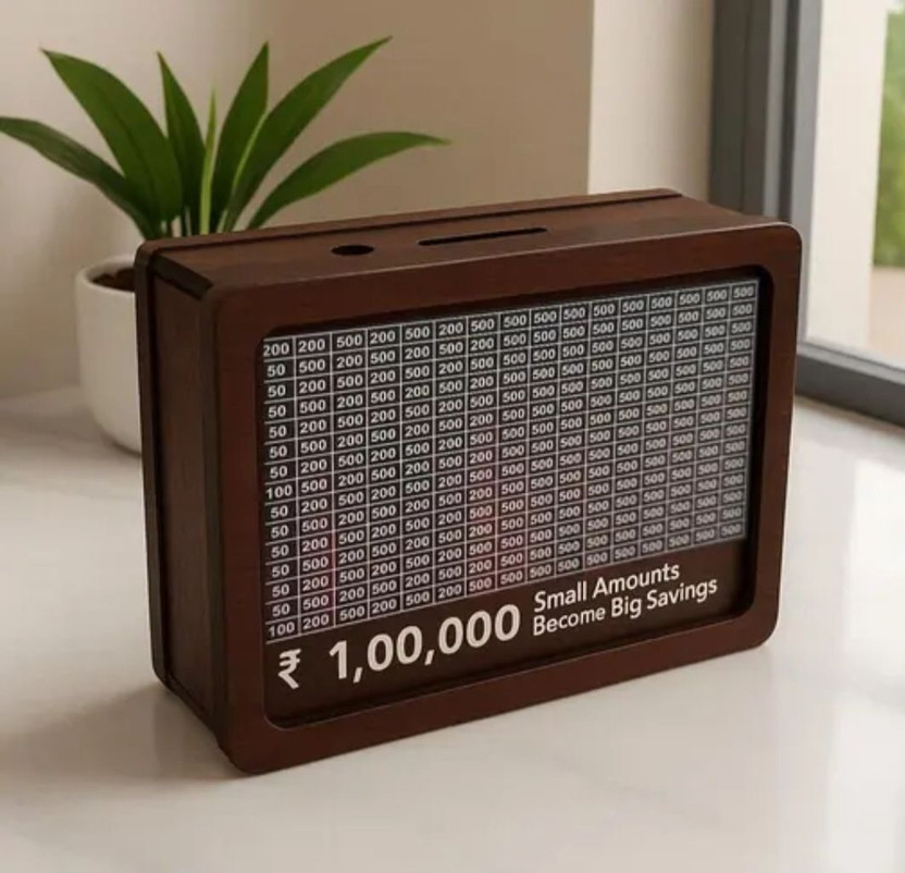 SAMWAX 1 Compartments Wooden Piggy Bank, Money Bank Savings Plan Wooden Money Box With Counter Rs 100000(Brown)