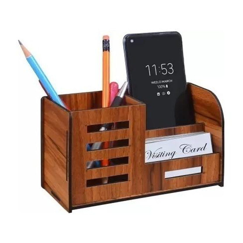 SAMWAX 3 Compartments Wooden Pen Stand With Visiting Card & Mobile Holder For Office Table Organizer Wooden Pen / Pencil Stand With Visiting Card & Mobile Holder For Desk Organizers(Broun)