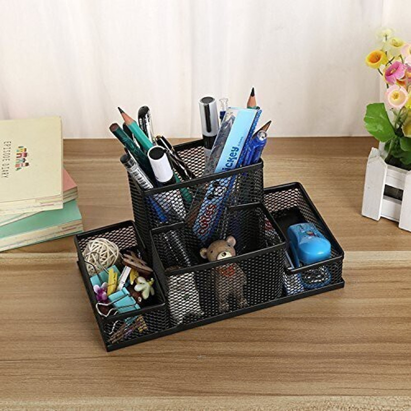 OnisHomes 4 Compartments Mesh Metal Desk Organizer Pen Pencil Stand(Black)