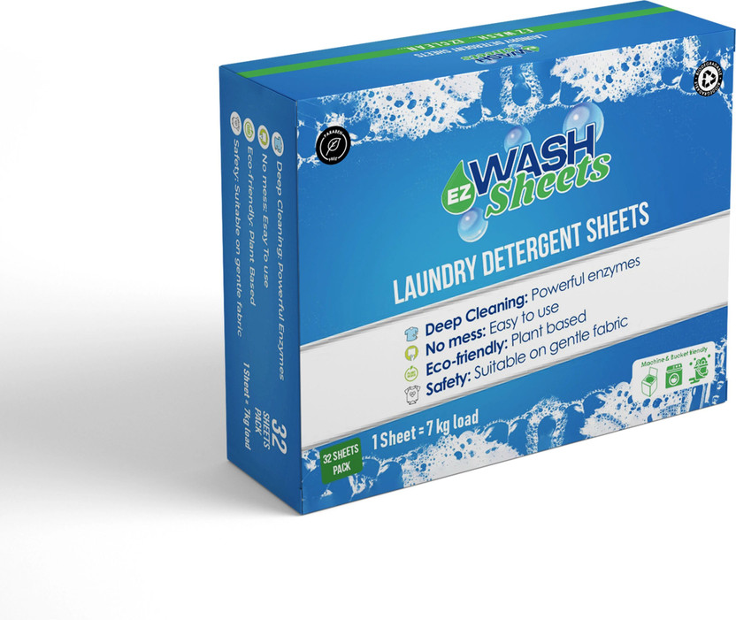 Ezwash Ezwash Laundry Detergent Sheets, 1 Sheet per 7kg Load, Deep Cleaning Formula None Detergent Pod(32 Pods) - Flipkart Deal