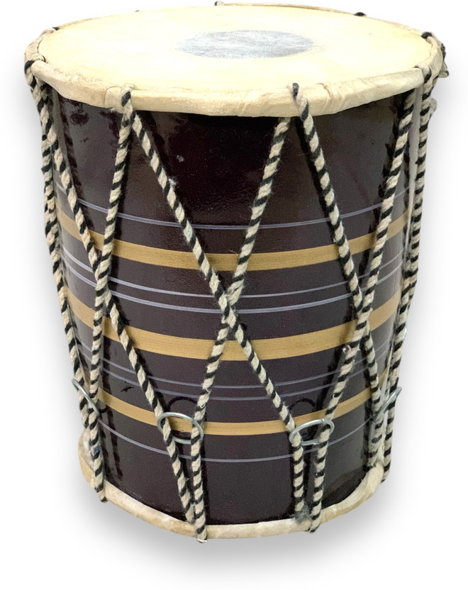 DHOLX Traditional Wooden Dholak | 8 inches | For Puja & Folk Music | Rope & Rings Dholak(Brown, Gold)