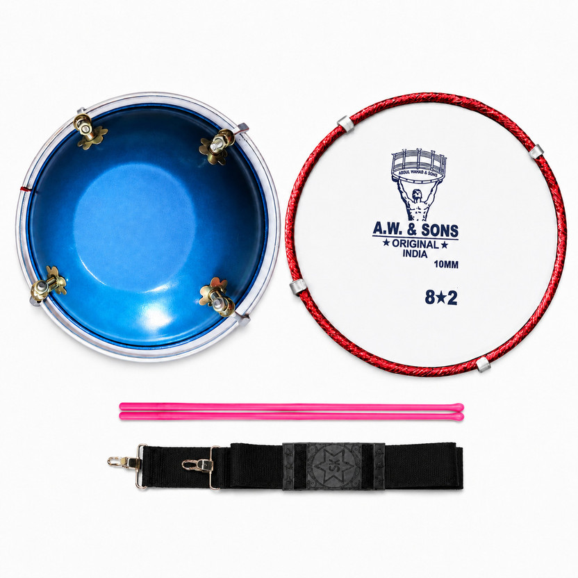 MMI meerut musical Tasha 8.2inch(Metal) with belt ad stick Nut & Bolts Dholak(Blue)