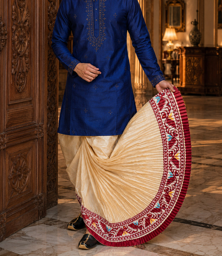Chandra Jamdani Mour Puccho Dhoti Pant for Men, Dupion Silk, Free Size, Tie-Up Woven Men Dhoti