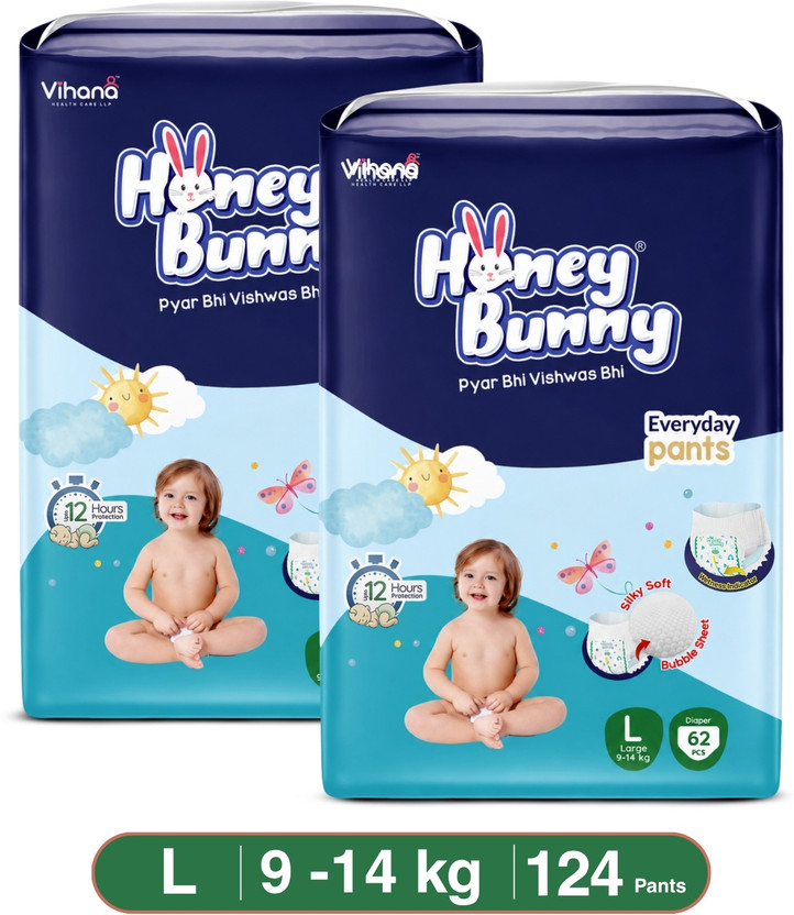 HONEY HONEY BUNNY Everyday Pants Baby Diaper | Soft Bubble Top Sheet & 360 Super Soft Waistband Pant Diapers - L(124 Pieces) - Flipkart Deal