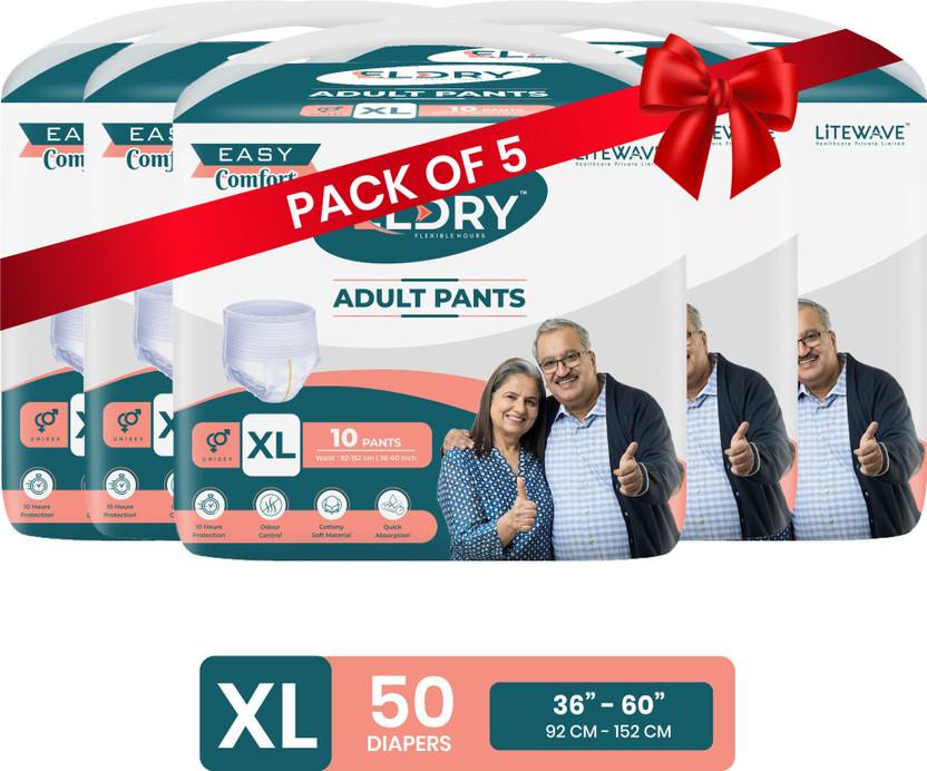 Eldry Adult Diaper XL, Pant Unisex, Waist Size (36-60 Inch | 92-152 cm) Adult Diapers - XL(50 Pieces)