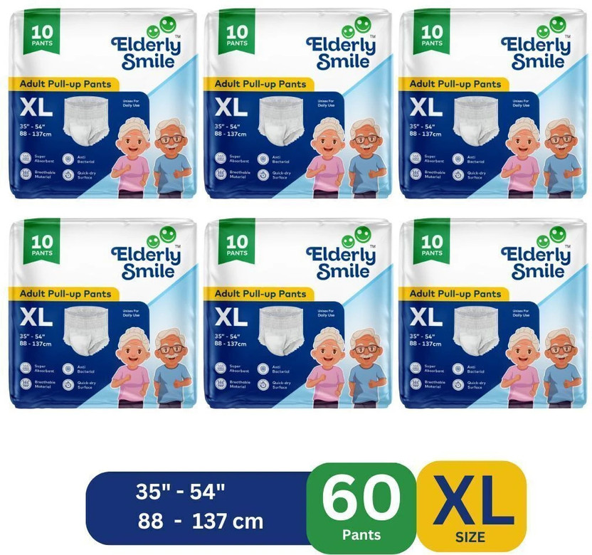 Elderly Smile Super Absorbent Premium Pull Up Pants | Waist Size (35"-54") | Pack of 6 Adult Diapers - XL(60 Pieces)