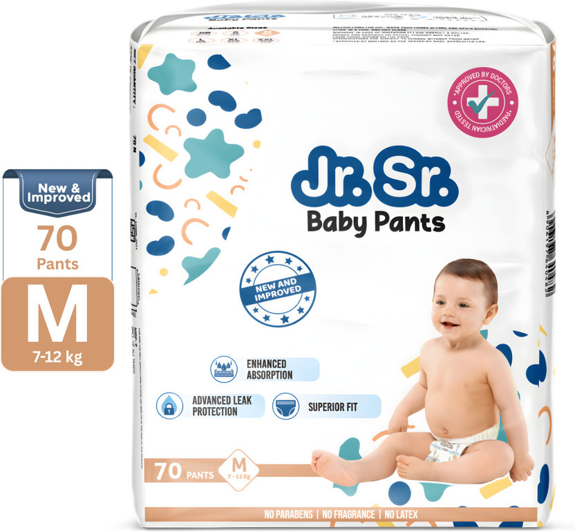 Jr. Sr. Baby Diaper Pants with Advanced Leak Protection Soft & Comfortable - M(70 Pieces)