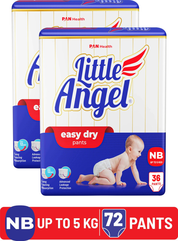 Little Angel Easy Dry Diaper Pants with 12 hrs absorption 36 Count/Pack,Pack of 2,Upto 5 Kgs Pant Diapers - New Born(72 Pieces)