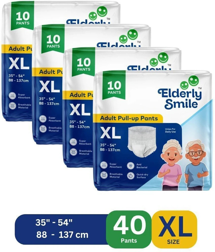 Elderly Smile Super Absorbent Premium Pull Up Pants | Waist Size (35"-54") | Pack of 4 Adult Diapers - XL(40 Pieces)