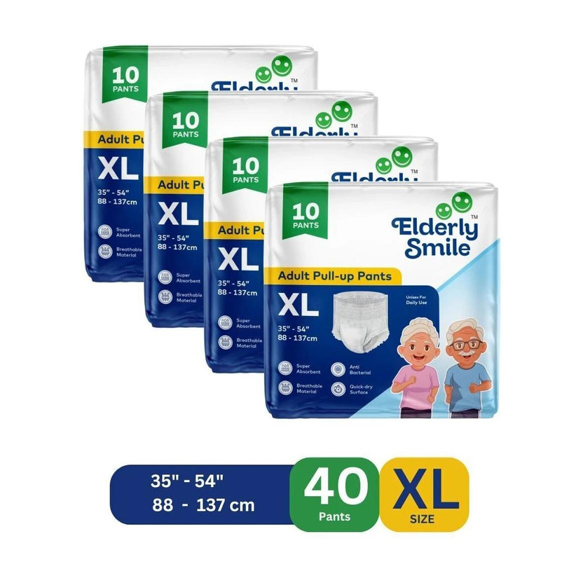 Elderly Smile Super Absorbent Premium Pull Up Pants | Waist Size (35"-54") | Pack of 4 Adult Diapers - XL(40 Pieces)