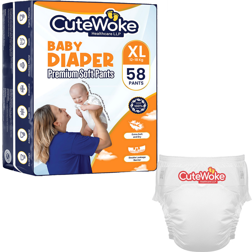 CUTEWOKE HEALTHCARE LLP Hypoallergenic Baby Diapers, Double Leakage Protection, Skin Friendly Pant Diapers - XL(58 Pieces)