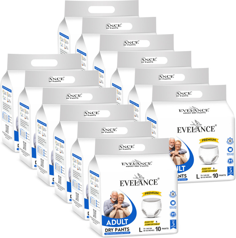 EVELANCE Large Adult Diaper Pants Premium | Waist Size (30-55 Inches) Adult Diapers - L(120 Pieces)