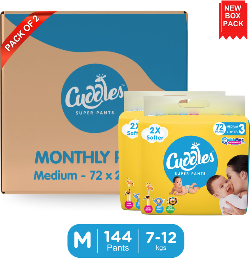 Cuddles - Super Pants Baby Diaper 2X Softer Super Dry Comfort Quick Max Absorption Upto 12 Hrs - M(144 Pieces)