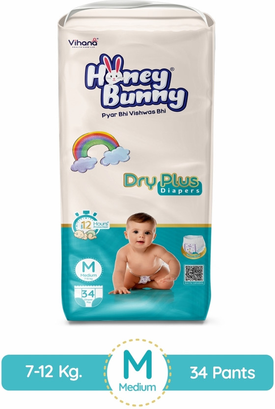 HONEY BUNNY Baby Diaper Pants|Extra Soft with bubble top sheet|12 Hour protection - M - M(34 Pieces)