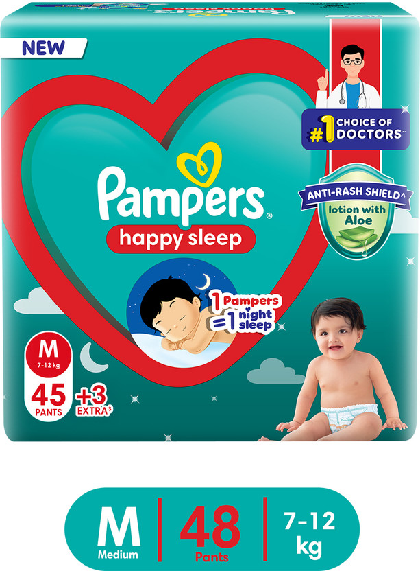 Pampers Happy Sleep Pant Style Baby Diaper, 1 Night Sleep with Anti Rash Shield - M(48 Pieces)